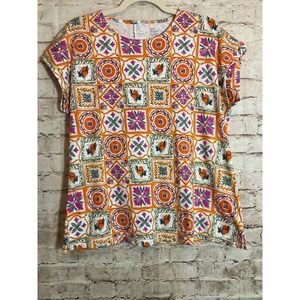 Kim Rogers Perfectly Soft Top Womens Petite Medium Orange Purple Patchwork Artsy